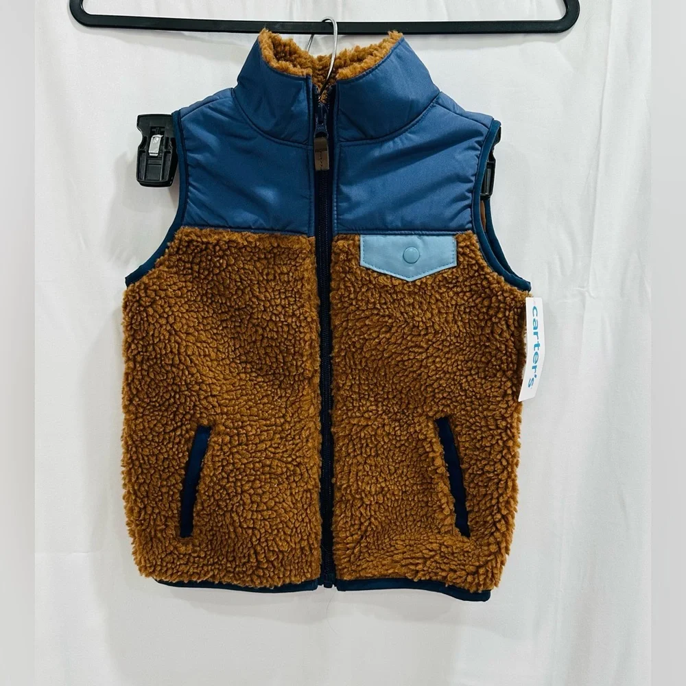 CARTER’S Sherpa Vest Zip Up Boys 5 Youth Brown Blue Colorblock‎ Lined Layering